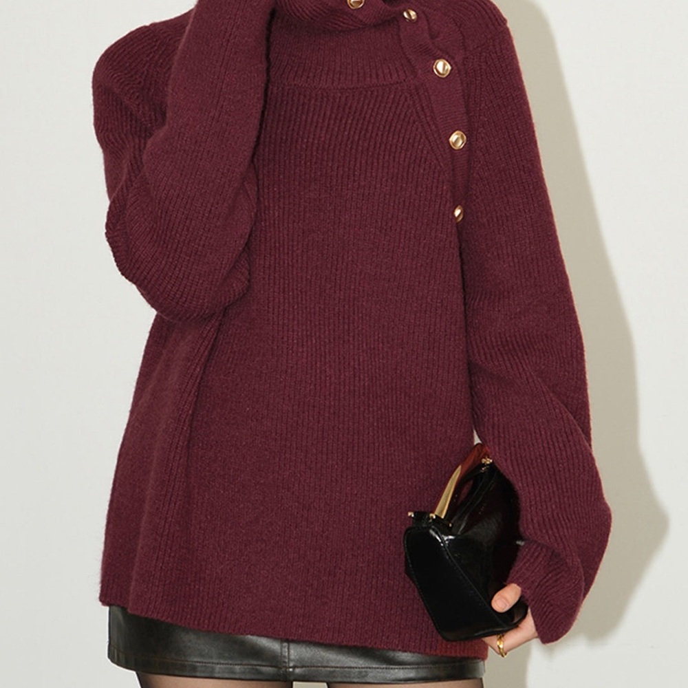Commense Burgundy Cowl Neck Sweater with Gold Buttons